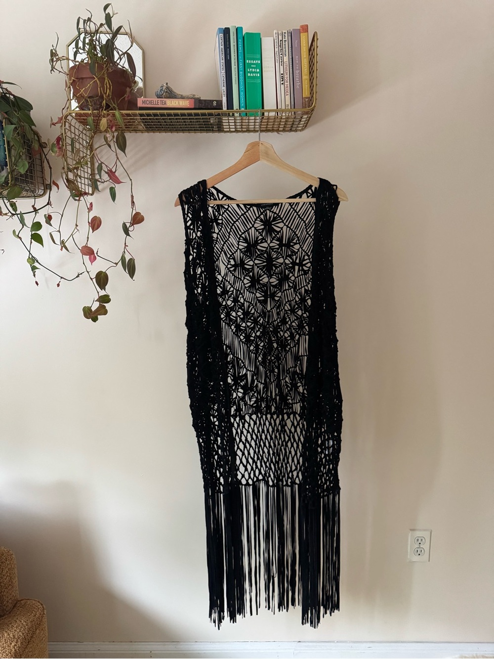 Coachella-worthy Black Crochet Suede Fringe Maxi Vest
